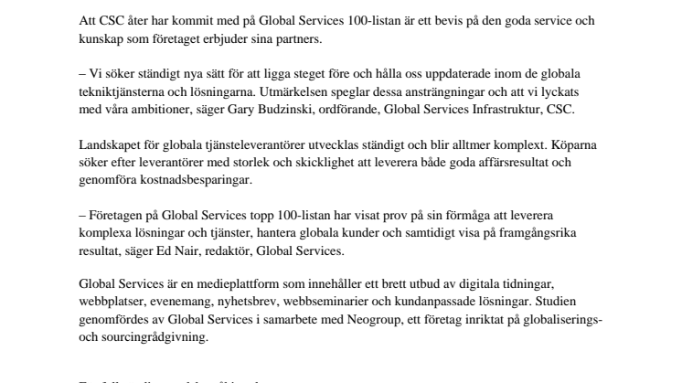 CSC erkänd som en topp 100 Global Services Provider för femte året i rad
