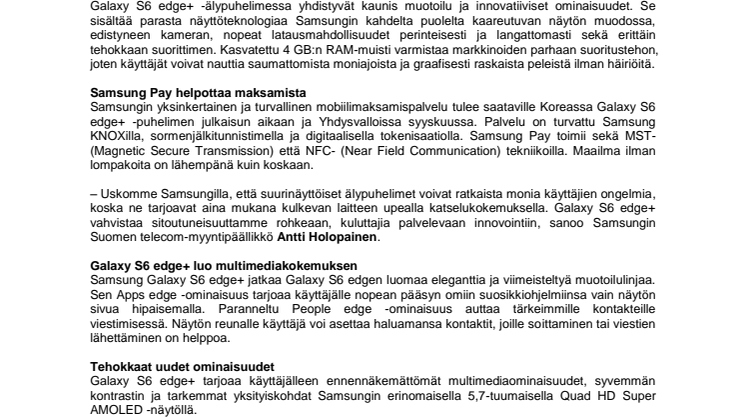 ​Samsung esittelee uuden Galaxy S6 edge+ -älypuhelimen