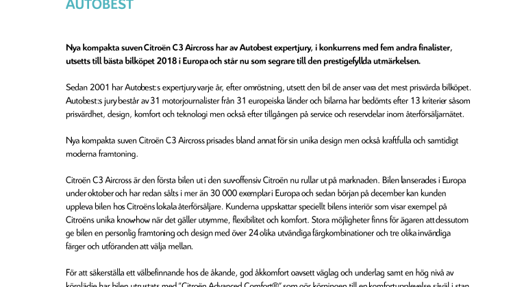 C3 AIRCROSS – BÄSTA BILKÖPET 2018 ENLIGT AUTOBEST