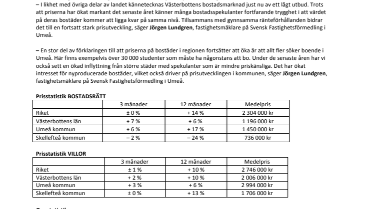Fortsatt prisökning på bostäder i Västerbotten