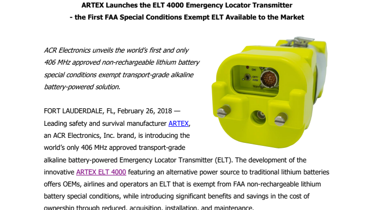 ARTEX Launches the ELT 4000 Emergency Locator Transmitter - the First FAA Special Conditions Exempt ELT Available to the Market