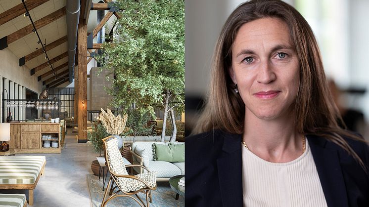 Anna Rosang är Winn Hotel Groups nya Chief Commercial Officer. I bild syns också Högbo Brukshotells nya spalounge. 