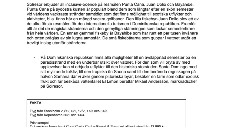 Nyhet i vinter! Direktflyg till Dominikanska republiken