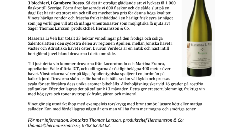 Masseria Li Veli Askos Verdeca 2019 – unik lansering i begränsat antal om endast 1000 flaskor! 