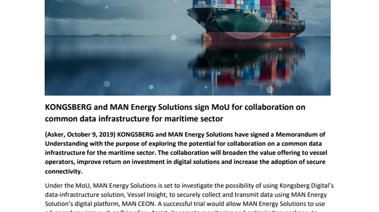 KONGSBERG and MAN Energy Solutions sign MoU for collaboration on common data infrastructure for maritime sector