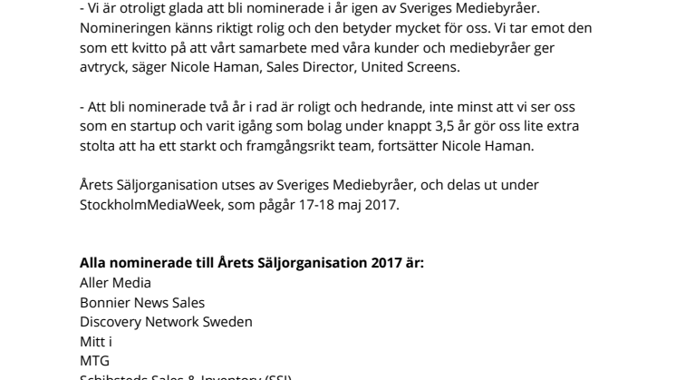 UNITED SCREENS NOMINERADE TILL ÅRETS SÄLJORGANISATION FÖR ANDRA ÅRET I RAD