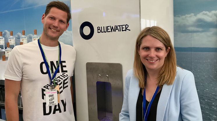 Bluewater President Anders Jacobson celebrates 'One Plastic Free Day' initiative with Welsh Environment MInister Hannah Blythyn in Cardiff during the Volvo Ocean Race