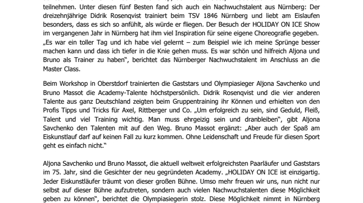 HOLIDAY ON ICE ACADEMY: Nürnberger Nachwuchstalent trainiert mit den Idolen Aljona Savchenko und Bruno Massot  