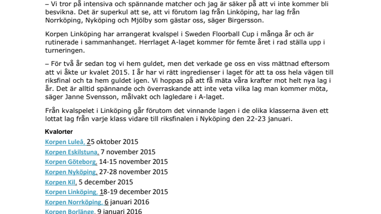 Korpen Linköping arrangerar kval i Sweden Floorball Cup