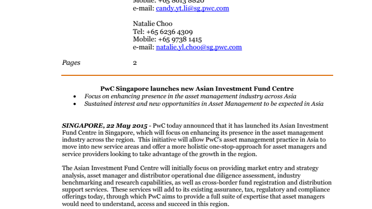 PwC Singapore launches new Asian Investment Fund Centre