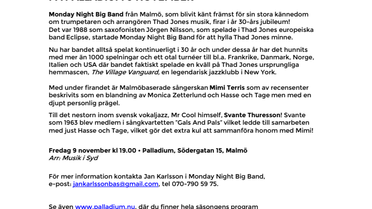 Monday Night Big Band firar 30 år med Mimi Terris & Svante Thuresson 9 november på Palladium Malmö