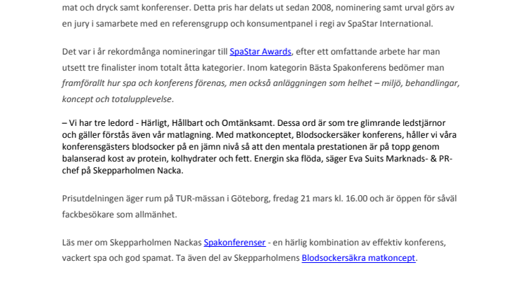 Skepparholmen Nacka nominerat till Bästa Spakonferens