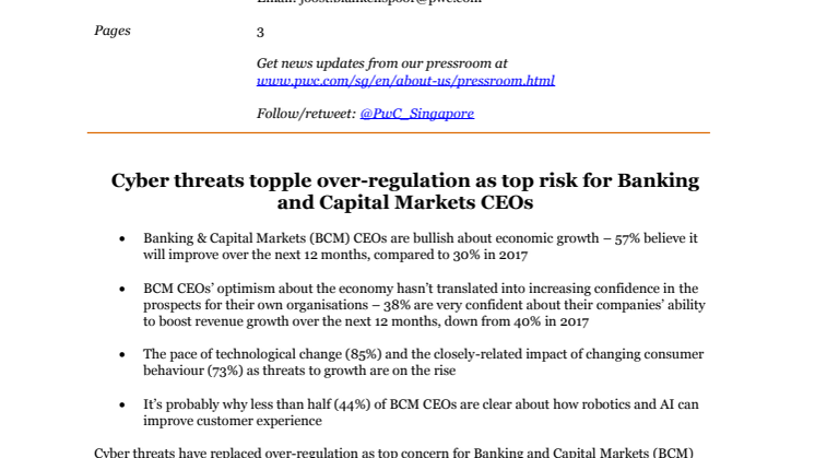 Cyber threats topple over-regulation as top risk for Banking and Capital Markets CEOs