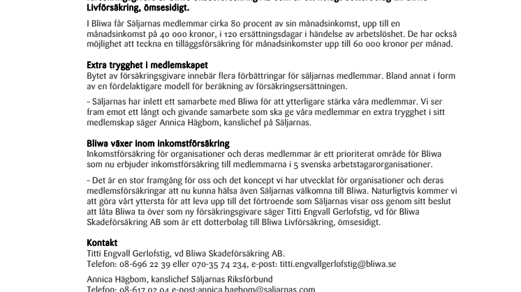 Säljarnas medlemmar får ny inkomstförsäkring via Bliwa