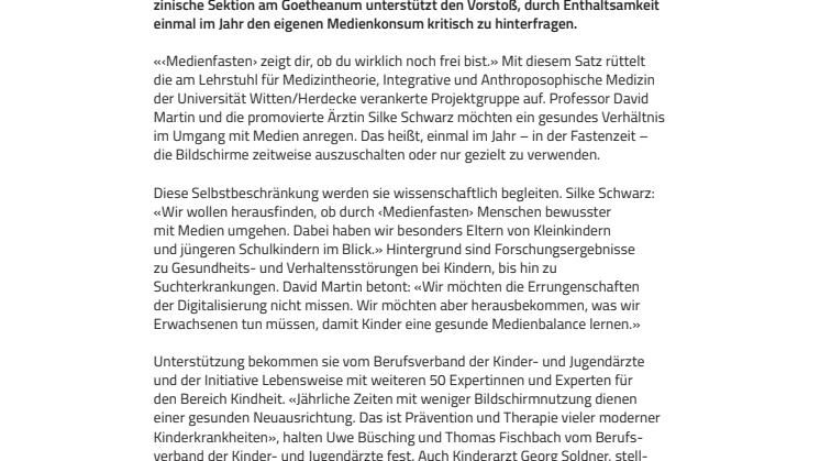 «Damit unseren Kindern die Fülle des Lebens nicht entgeht.» ​Medizinische Sektion unterstützt Initiative ‹Medienfasten›