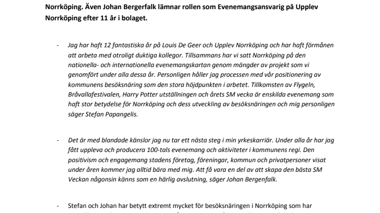 Stefan Papangelis och Johan Bergerfalk lämnar Upplev Norrköping för internationell satsning med nystartade bolaget Nordic Exhibitions AB