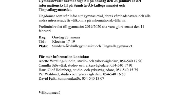 Pressinbjudan: Informationskväll på gymnasieskolorna