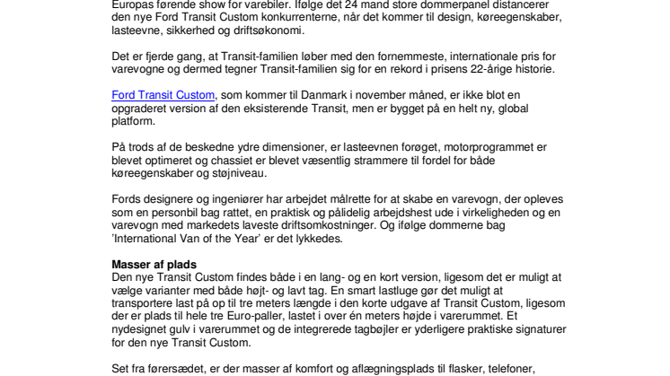 NY FORD TRANSIT CUSTOM KÅRET TIL ’INTERNATIONAL VAN OF THE YEAR'