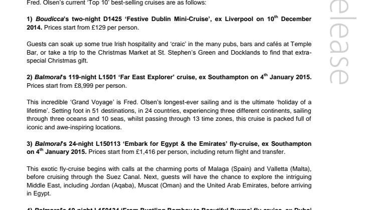 ‘Experiential’ cruises come out on top in Fred. Olsen Cruise Lines’ ten best-sellers list