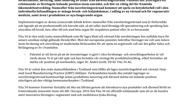 Vita 34 får Europapatent på bevarande av navelsträngsvävnad 