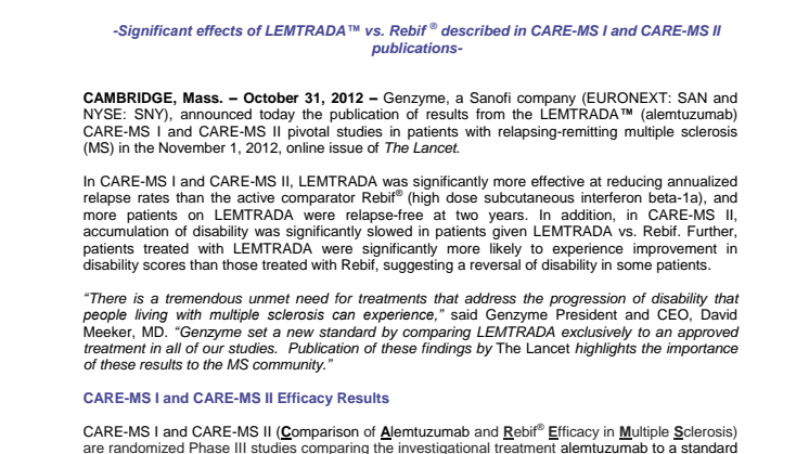 Genzyme Announces Publication of LEMTRADA (alemtuzumab) Pivotal Studies in The Lancet 