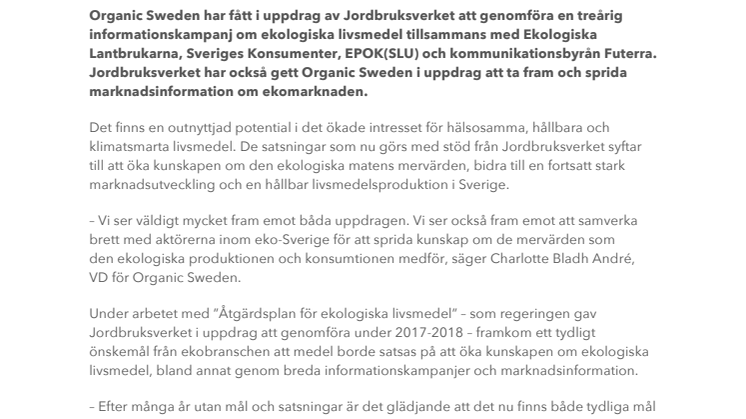 Organic Sweden ska genomföra en 3-årig informationskampanj om ekologisk mat