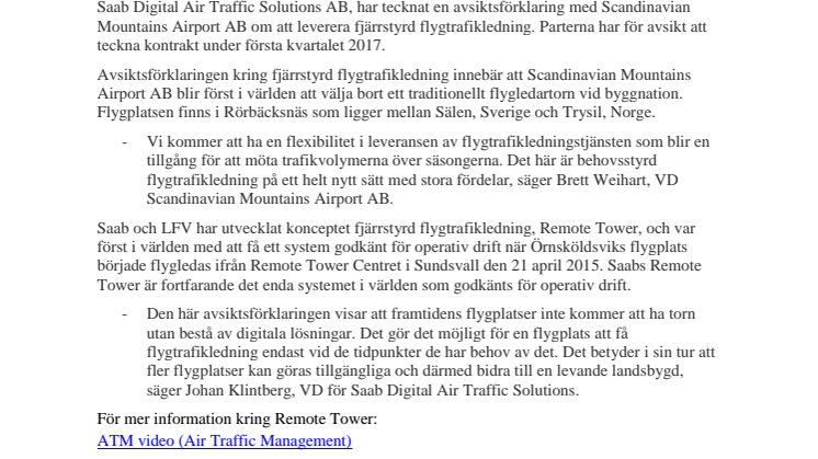 Fjärrstyrd flygtrafikledning till Scandinavian Mountains Airport