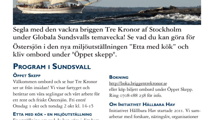 Hållbara Hav och briggen Tre Kronor medverkar med miljöutställning under Globala Sundsvalls temavecka 30 sep - 2 okt