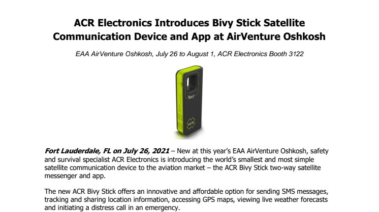 ACR Electronics Introduces Bivy Stick Satellite Communication Device and App at AirVenture Oshkosh