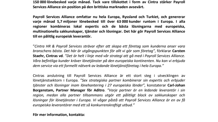 Cintra, den brittiska leverantören av löne- och HR-tjänster, ansluter till Payroll Services Alliance  