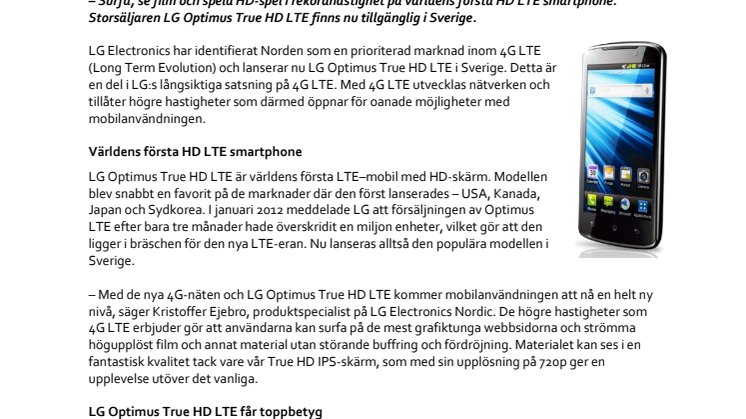 Nu lanseras LG:s 4G-mobil Optimus True HD LTE i Sverige