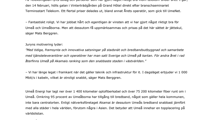 UmeNet har utsetts till Årets operatör