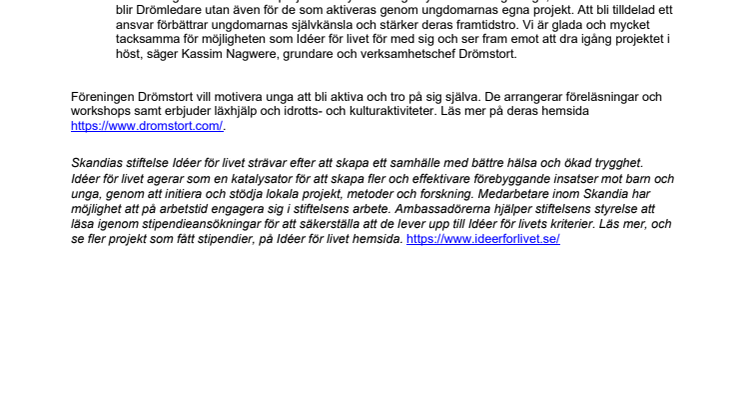 Drömstort får stipendium från Skandias stiftelse Idéer för livet för att utbilda framtidens unga Drömledare