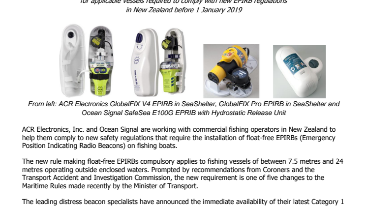 ACR Electronics and Ocean Signal Work with Commercial Fishing Operators to Meet Deadline for Installation of Float-Free Distress Beacons