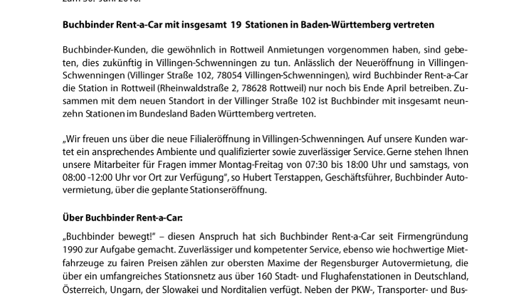 Buchbinder Rent-a-Car eröffnet neue Filiale in Villingen-Schwenningen