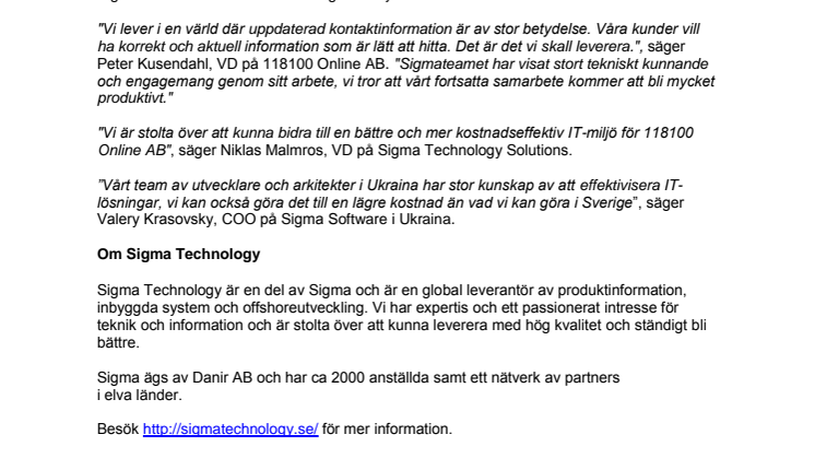 118100 Online AB chooses Sigma as a partner 