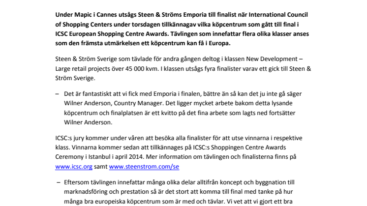 Steen & Ströms Emporia ICSC finalist i European Shopping Centre Awards