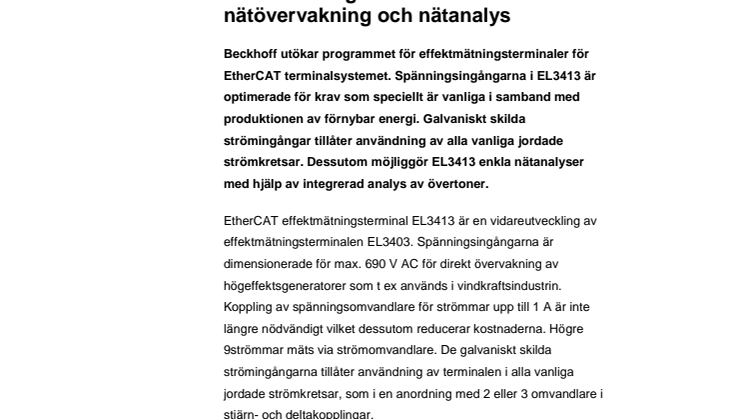 Beckhoff's effektmätningsterminal EL3413 för nätövervakning och nätanalys