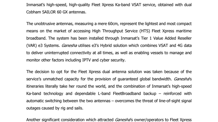 e3 installs first Inmarsat dual antenna Fleet Xpress solution on S/Y Ganesha