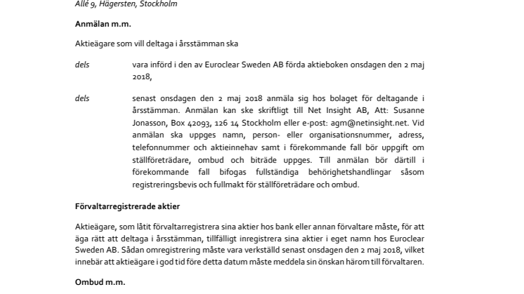Net Insight AB: Kallelse till årsstämma i Net Insight AB