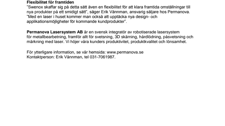 Permanova levererar laseranläggning till Swenox 
