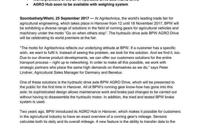 BPW at Agritechnica 2017: Go on when others stop