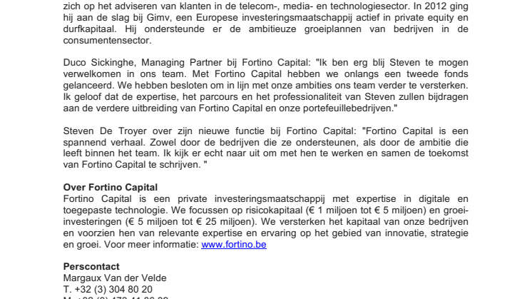 Steven De Troyer aan boord bij Fortino Capital als investment director  