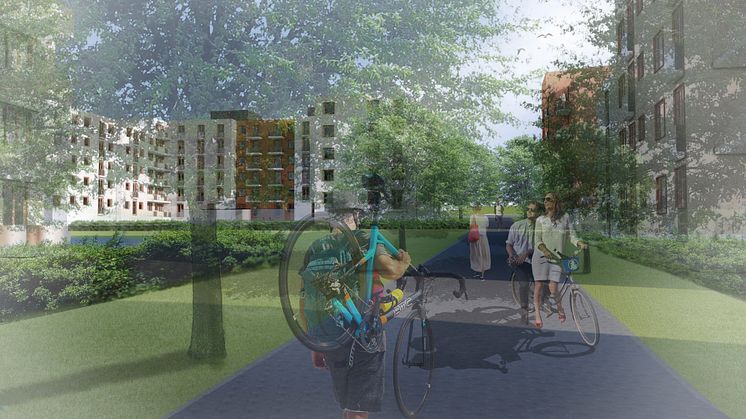 Illustration av gång och cykelstråket på Södra Råbylund. Illustartion: Magnolia bostad AB