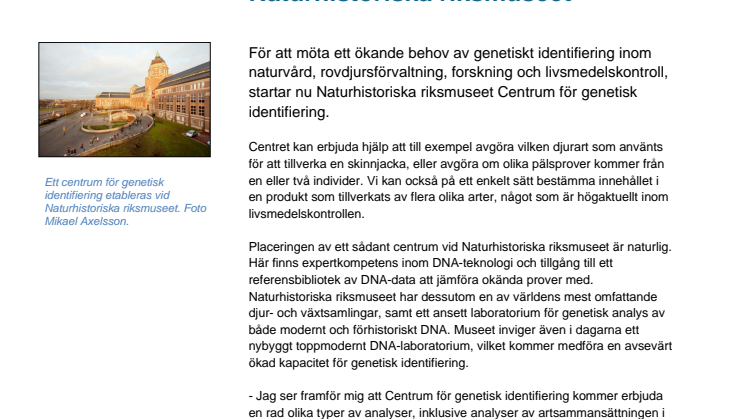 Ett centrum för genetisk identifiering etableras vid Naturhistoriska riksmuseet