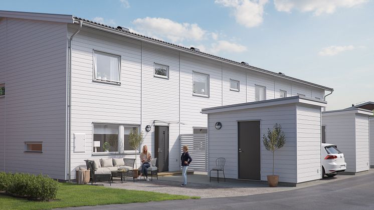 Illustration av framsida med parkering och möjlighet till uteplats, BoKlok Paradisängarna. 
