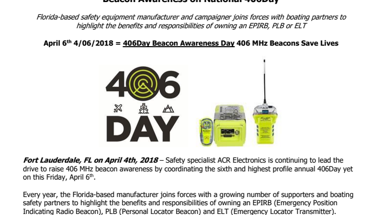 ACR Electronics Leads Drive to Raise 406 MHz  Beacon Awareness on National 406Day