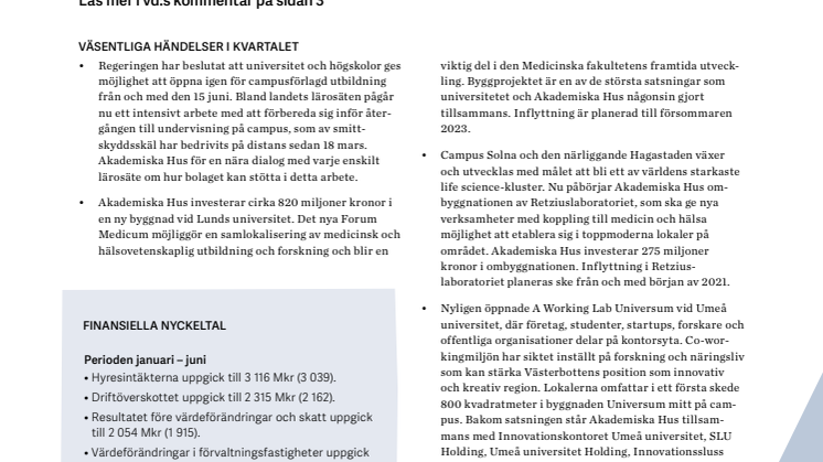 Delårsrapport 1 januari – 30 juni 2020