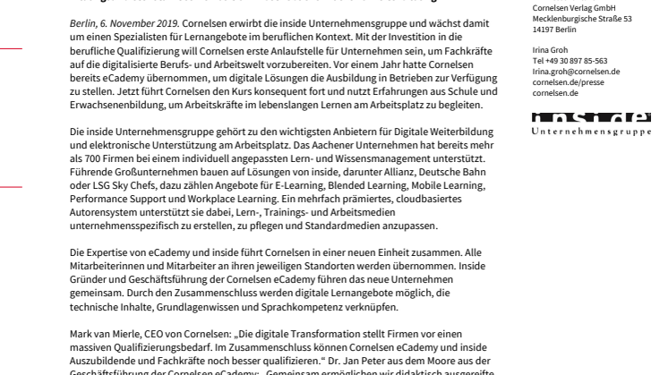 Cornelsen übernimmt inside Unternehmensgruppe