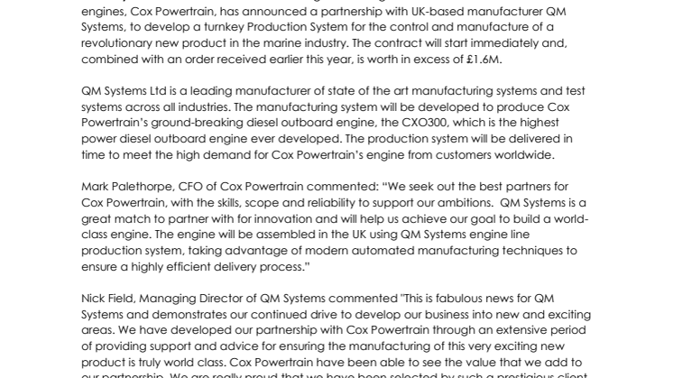 Cox Powertrain: Cox Powertrain Limited Signs +£1.6M Deal With QM Systems For Production System